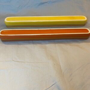 Set of 2 Ceramic Olive Serving Trays Yellow Orange Striped Rectangular Dishware